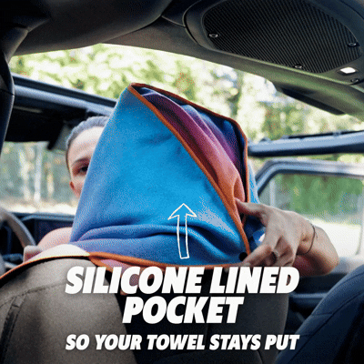 Animated clip showing a sweaty athlete getting into a car with the Car Seat Cover Towel
